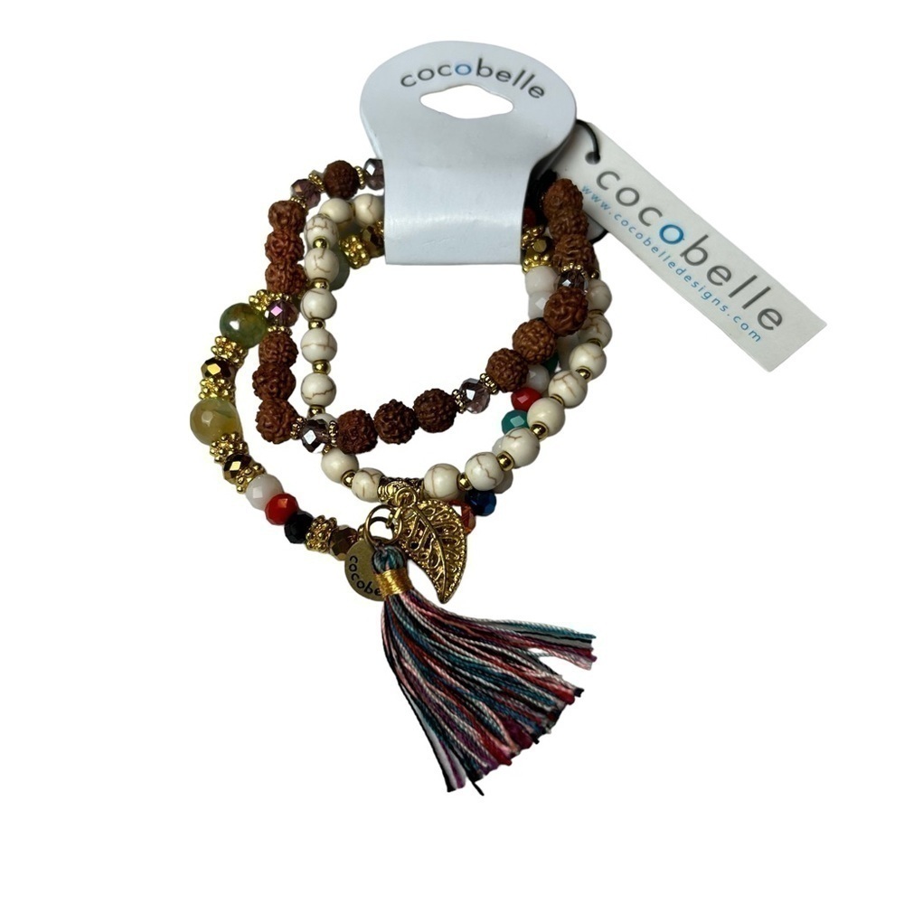 Cocobelle Trio of Beaded Strands Bracelet w/ a Tassel & Charm Accents